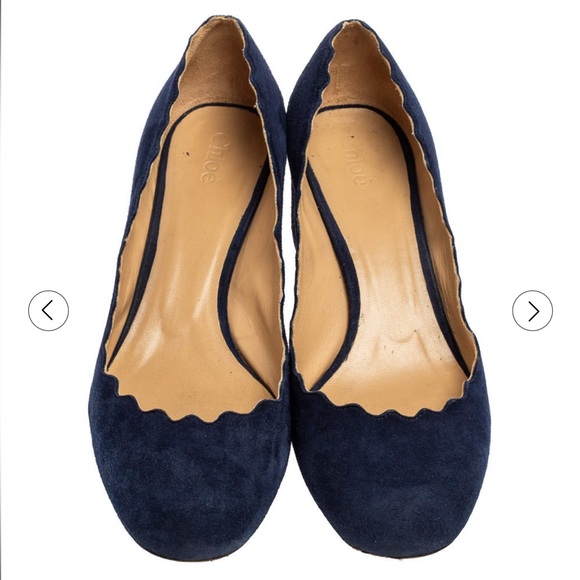 NWT Chloe Blue Suede Lauren Scallop Trim Block Heel Pumps Size 37 - Picture 3 of 12